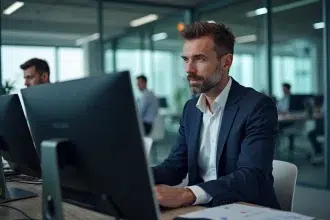 Analyste financier utilisant un système de traitement de prêts assisté par intelligence artificielle dans un bureau fintech moderne