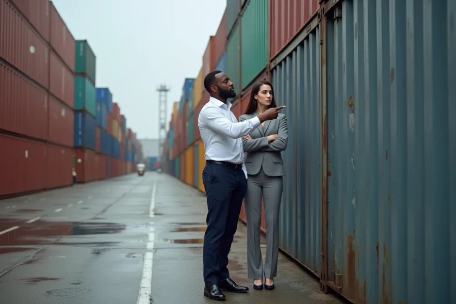 Deux professionnels de la logistique inspectant un scellé endommagé sur un conteneur dans un terminal portuaire, évoquant les litiges et surcoûts liés au LCL groupage