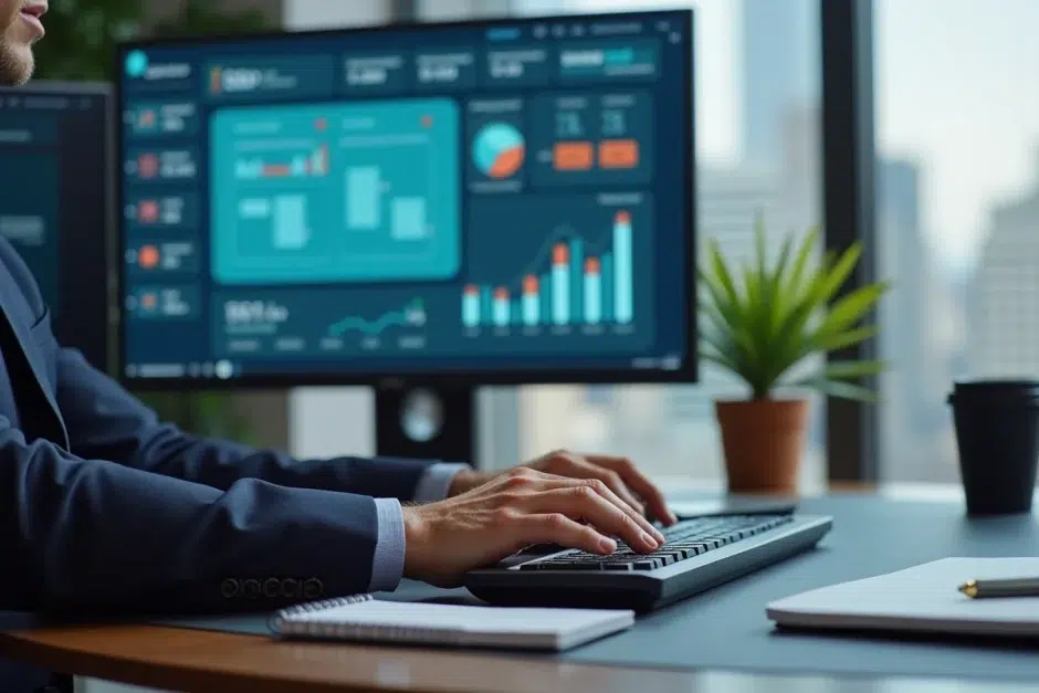 Gros plan sur un écran de logiciel de traitement de crédit avec scoring de risque par intelligence artificielle en 2025