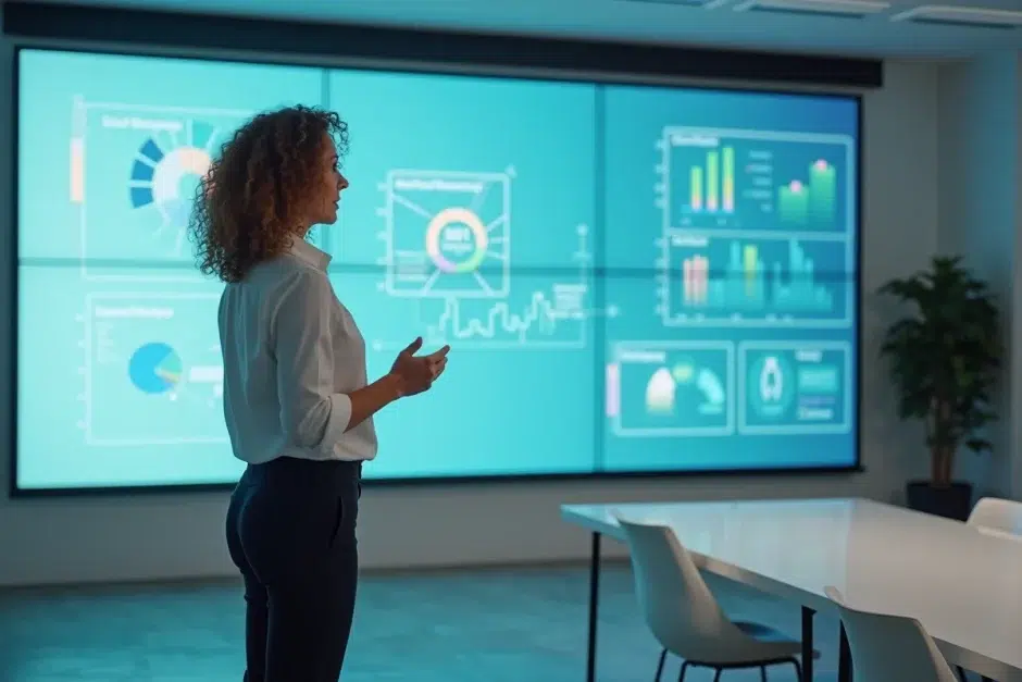 Professionnelle présentant des diagrammes d'intelligence artificielle pour l'automatisation du traitement de prêts immobiliers
