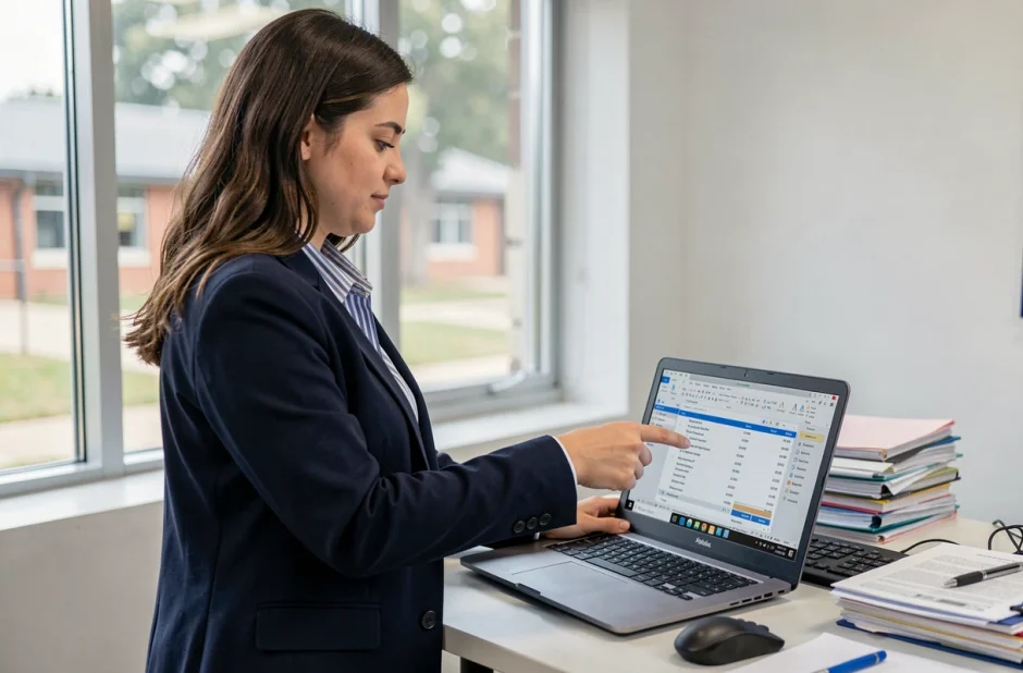 Jeune administratrice scolaire consultant son bulletin de salaire numérique sur ordinateur portable dans un bureau moderne