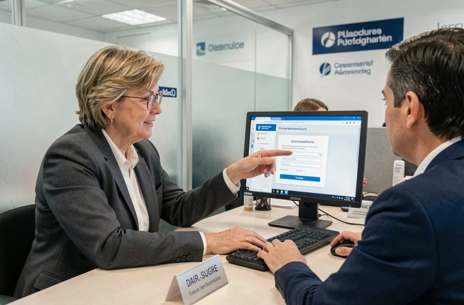 Conseillère bancaire aidant un client à accéder à son identifiant Cyberplus en agence Banque Populaire Sud Ouest