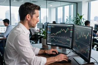 Analyste financier étudiant les prévisions Bitcoin 2030 sur plusieurs écrans dans un bureau moderne