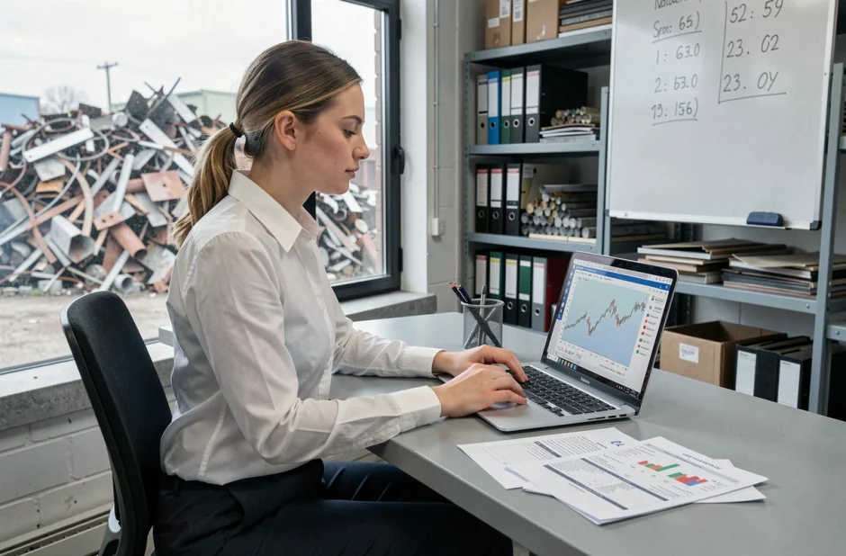 Femme analyste consultant des graphiques de prix du laiton au kilogramme dans un bureau de négoce de métaux