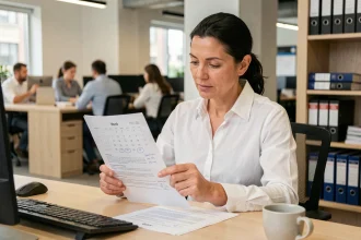 Femme professionnelle calculant une date d'échéance sur un contrat imprimé dans un bureau moderne