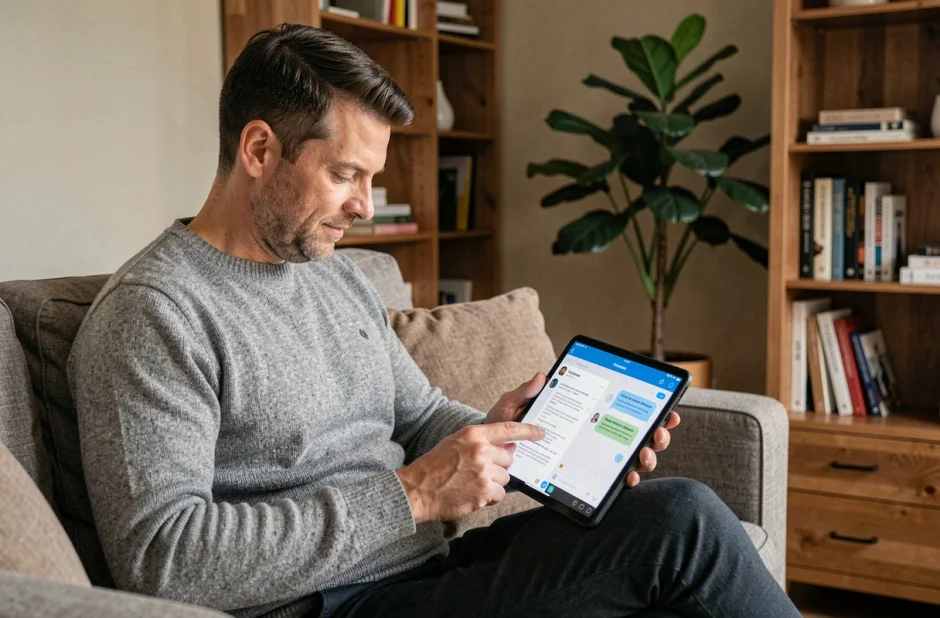 Client consultant son espace assurance en ligne depuis son domicile sur une tablette