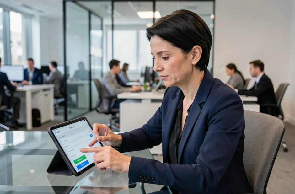 Femme professionnelle configurant un virement bancaire sur tablette dans un bureau moderne
