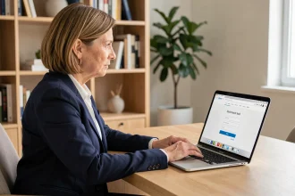 Femme professionnelle se connectant à son espace Cyberplus Banque Populaire Sud Ouest sur un ordinateur portable