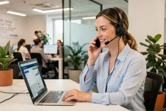 Conseillère clientèle d'une néo-assurance au téléphone devant un tableau de bord numérique