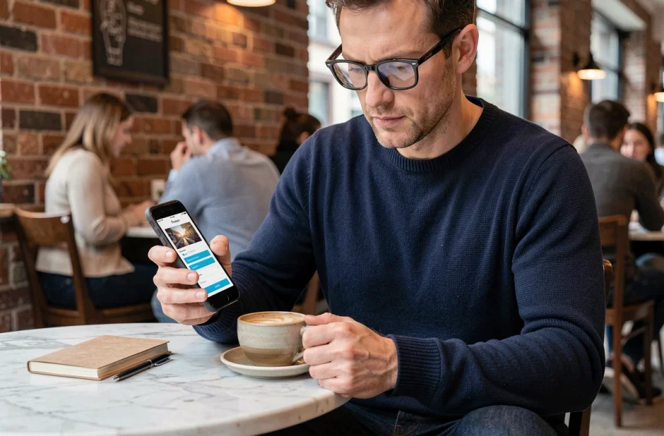 Homme consultant son application bancaire sur smartphone dans un café moderne