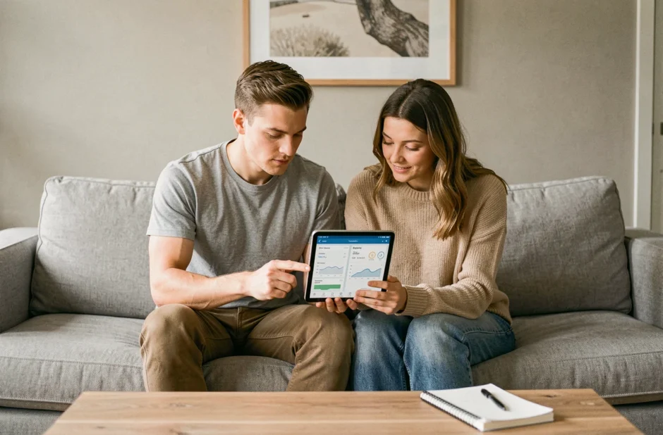 Couple gérant ensemble leur budget familial sur une tablette avec l'application Crédit Agricole Vendée dans leur salon