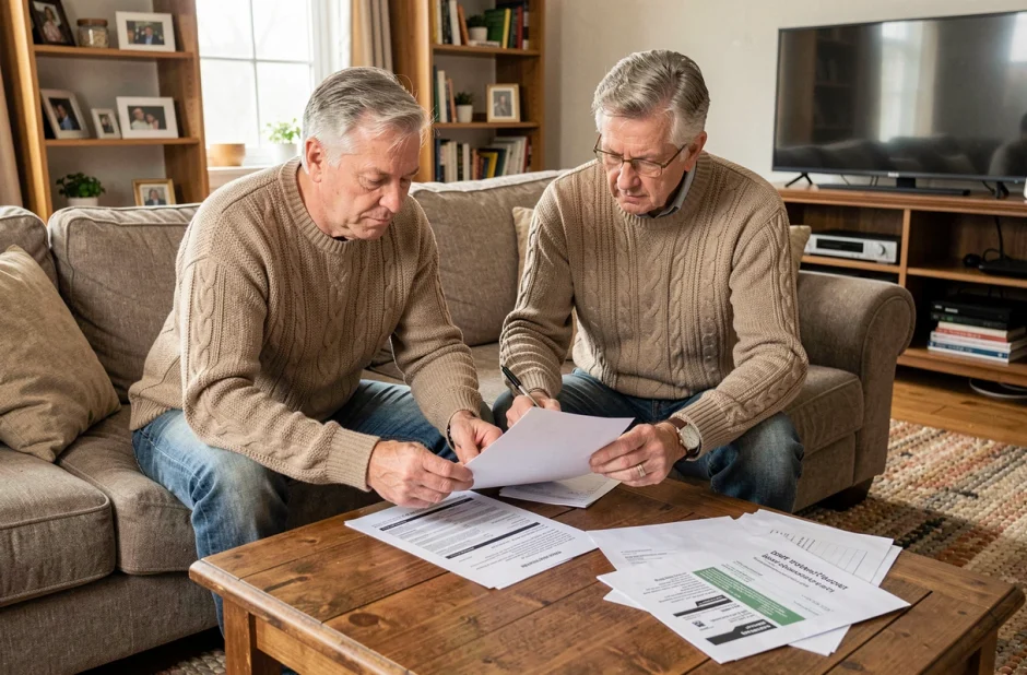 Couple examinant ensemble des relevés financiers et un avis de recouvrement d'ancienne dette dans leur salon
