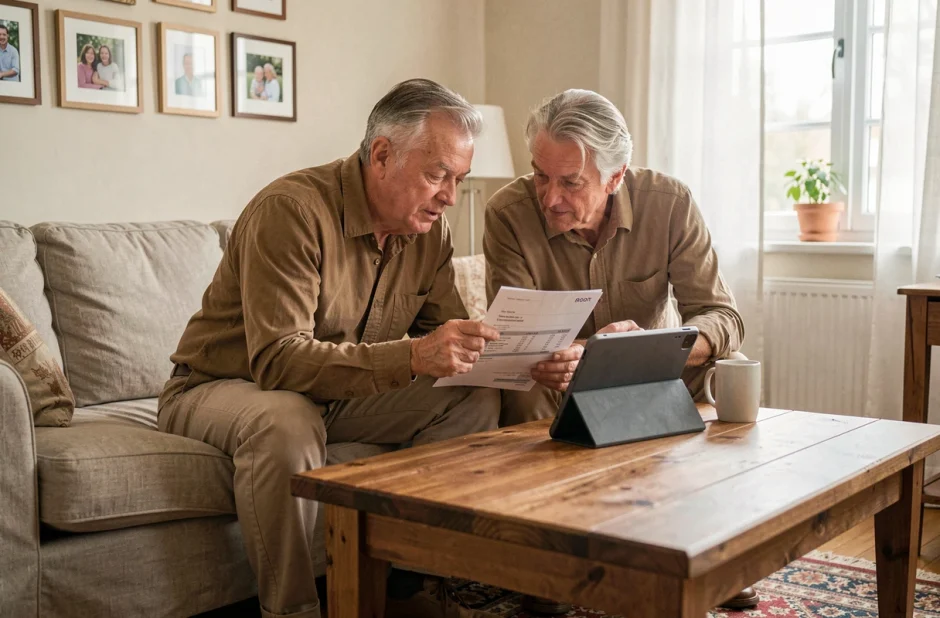Couple de seniors consultant un relevé bancaire ensemble sur une tablette dans leur salon