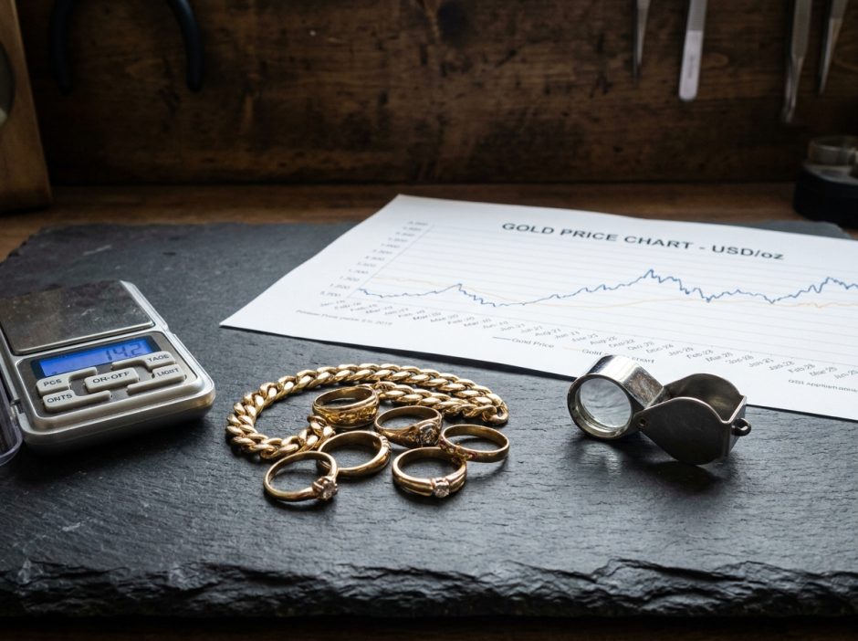 Balance numérique et bijoux en or sur ardoise avec graphique du cours de l'or pour évaluer le bon moment de revente