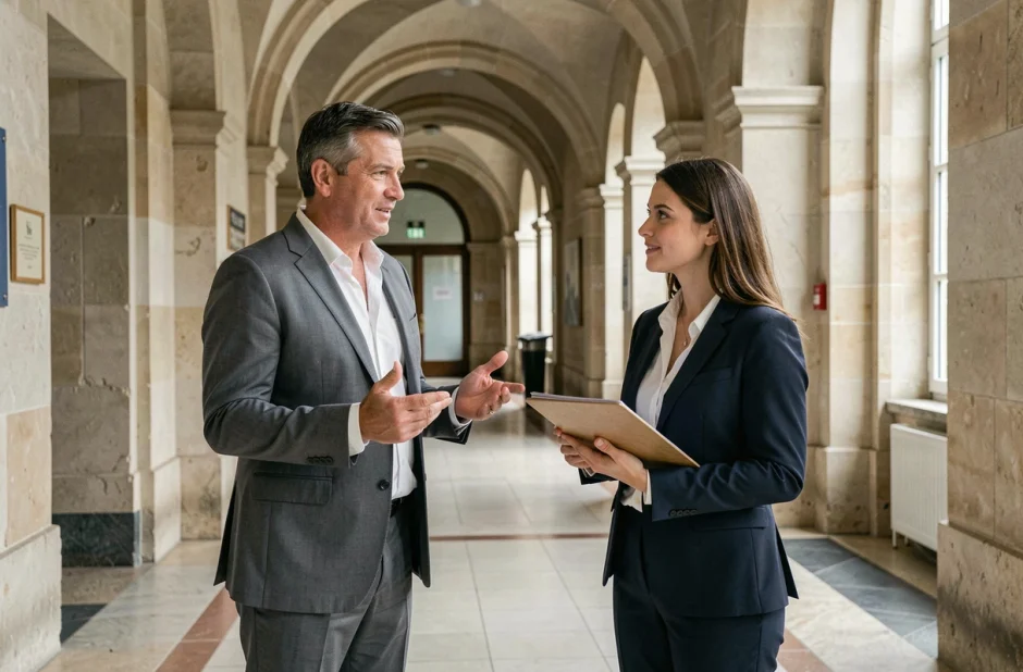 Élu municipal en discussion informelle avec une collègue dans le couloir d'une mairie française aux arches en pierre
