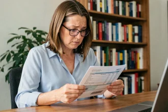 Enseignante lisant attentivement son bulletin de salaire de l'éducation nationale à son bureau à domicile