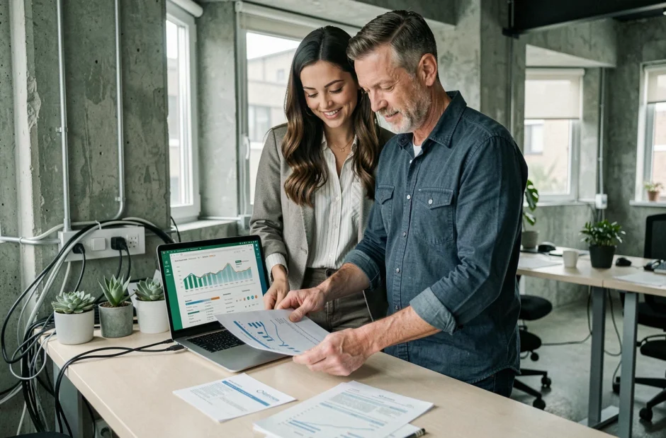 Deux professionnels d'une néo-assurance analysant les données de satisfaction client dans un bureau moderne