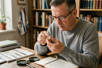 Collectionneur examinant une pièce de 50 centimes rare avec une loupe pour éviter les arnaques numismatiques