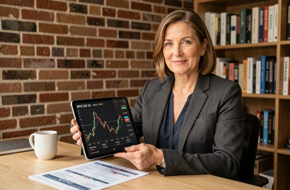 Femme analyste consultant une comparaison Bitcoin et actions sur tablette dans un bureau à domicile