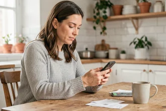 Femme consultant son application bancaire Crédit Agricole Vendée pour gérer son budget depuis sa cuisine