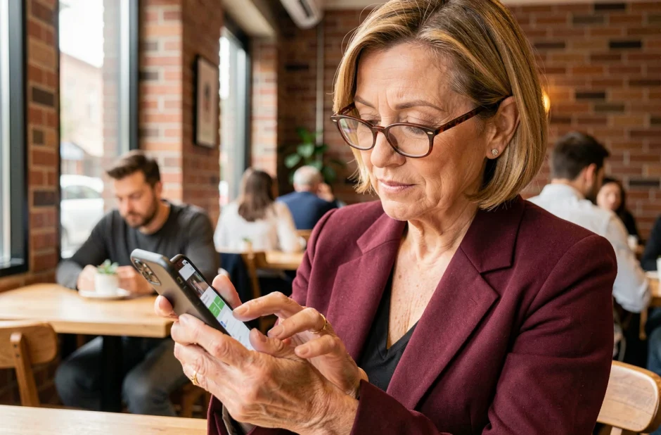 Femme d'affaires utilisant l'application mobile Crédit Agricole du Nord Est dans un café urbain