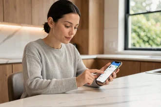 Femme utilisant l'application mobile Caisse d'Épargne pour activer le virement instantané sur son smartphone