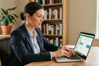Femme consultant son compte bancaire Crédit Agricole du Nord Est sur un ordinateur portable dans un bureau à domicile