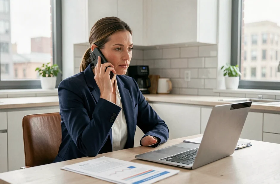 Femme au téléphone consultant des documents financiers concernant une vieille dette de recouvrement
