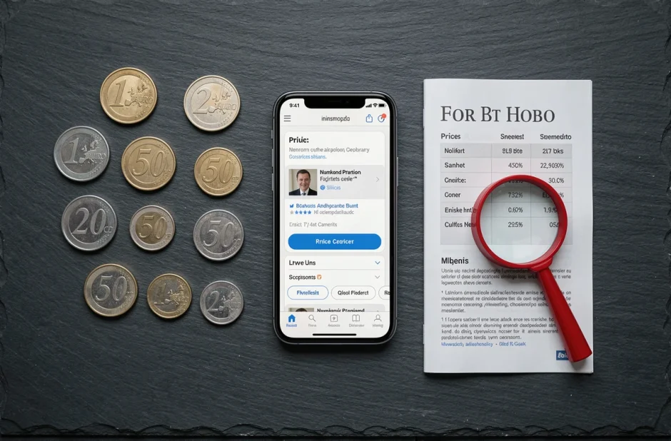 Flat-lay de pièces de 50 centimes rares avec guide de prix et smartphone pour identifier les arnaques numismatiques