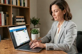 Femme gérant ses comptes bancaires en ligne sur un ordinateur portable dans un bureau à domicile
