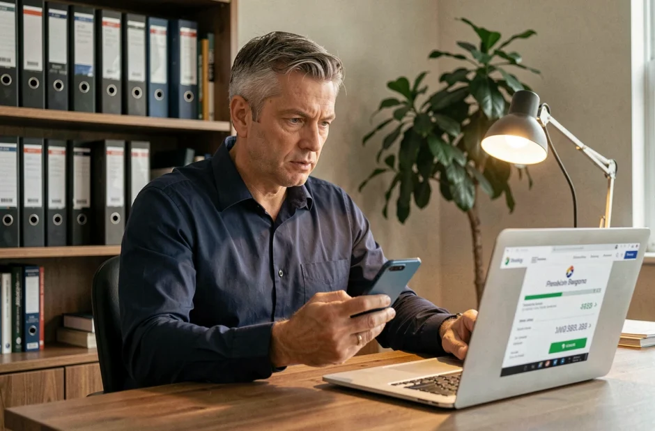 Homme consultant son application bancaire mobile pour effectuer un virement instantané depuis son bureau à domicile