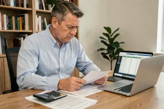 Homme d'affaires examinant des documents de prêt immobilier à taux fixe sur un bureau en bois à domicile