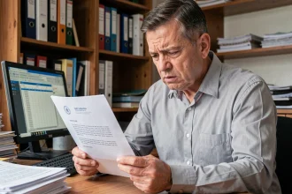 Homme stressé lisant une lettre de recouvrement de dette ancienne à son bureau à domicile