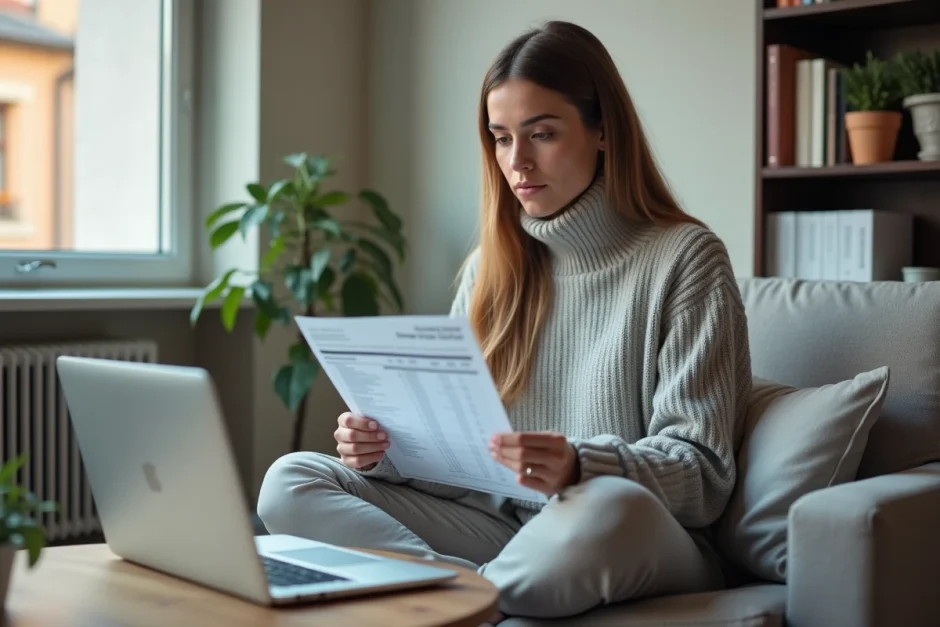 Jeune femme à domicile calculant son salaire SMIC pour un contrat à temps partiel de 25 heures