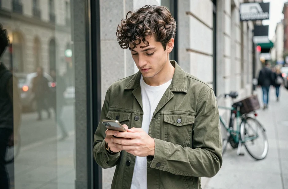 Jeune homme effectuant un virement instantané depuis son smartphone en milieu urbain via une application bancaire mobile