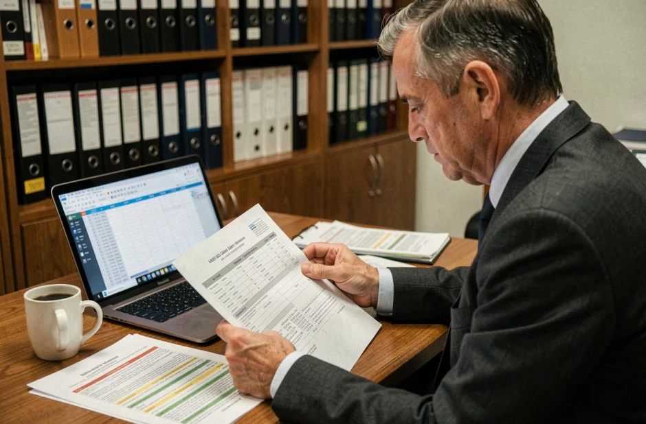Maire adjoint étudiant seul un document officiel sur la revalorisation salariale dans un bureau municipal modeste