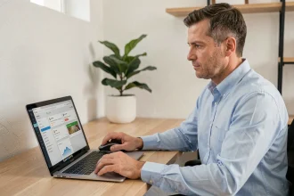 Homme paramétrant ses alertes bancaires sur son espace client en ligne depuis son bureau à domicile