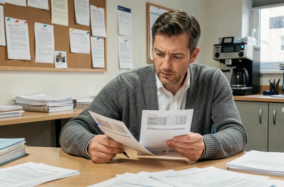 Professeur comparant deux bulletins de salaire dans la salle des enseignants d'une école publique française