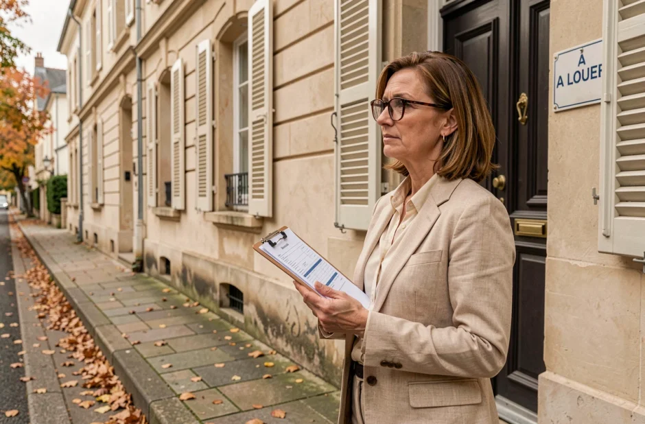 Propriétaire devant un bien immobilier vacant avec panneau À Louer et documents fiscaux