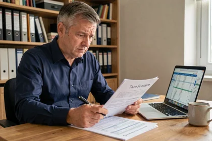 Propriétaire examinant sa taxe foncière à son bureau pour un bien vacant
