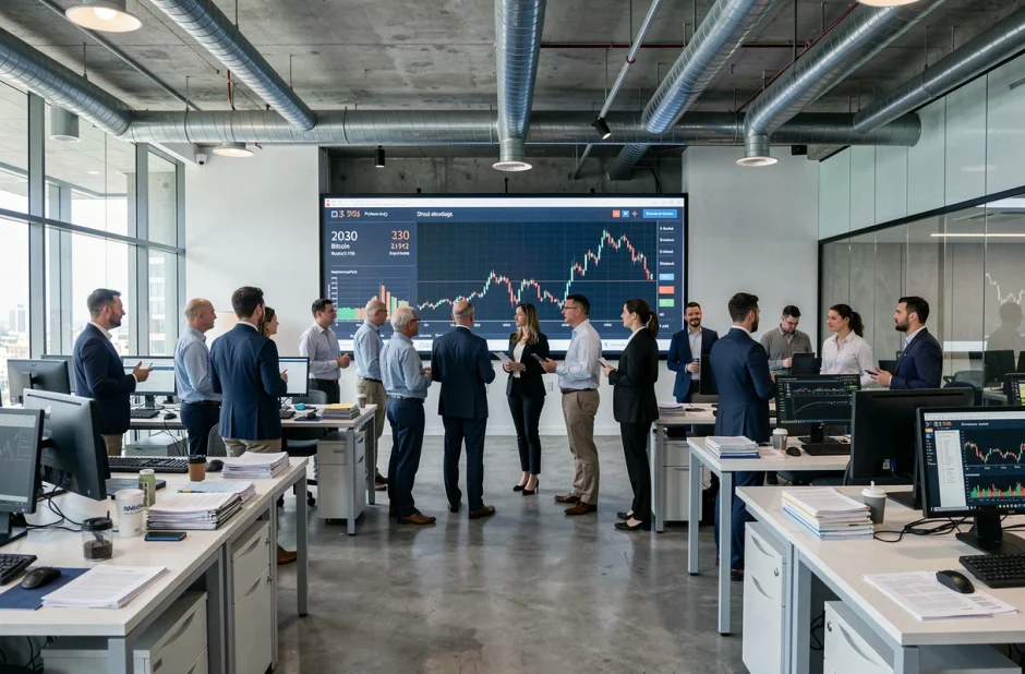 Salle de trading moderne avec des professionnels analysant les projections Bitcoin 2030 face à des actions