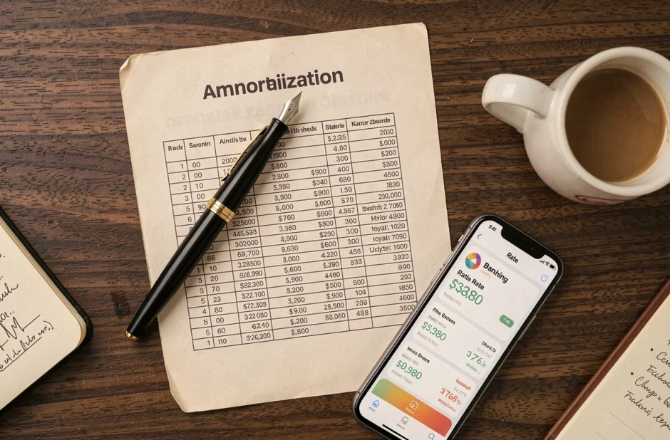 Vue aérienne d'un tableau d'amortissement et d'une application bancaire sur bureau, illustrant le calcul de mensualités à taux fixe
