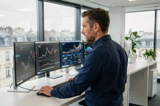 Analyste financier étudiant des graphiques boursiers et des données sur Europlasma dans un bureau moderne