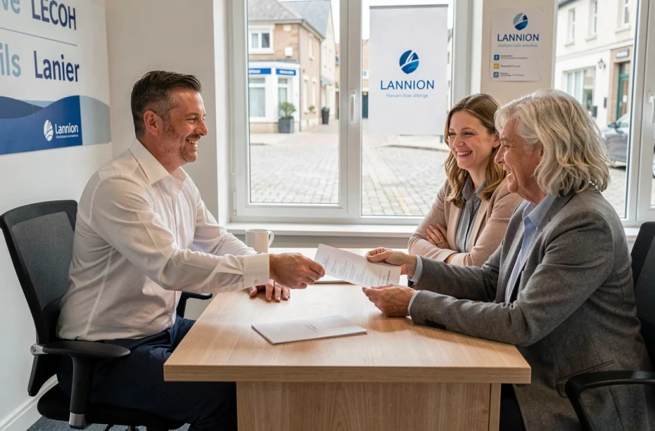 Courtier Areas Assurances à Lannion remettant des documents signés à un couple de clients soulagés