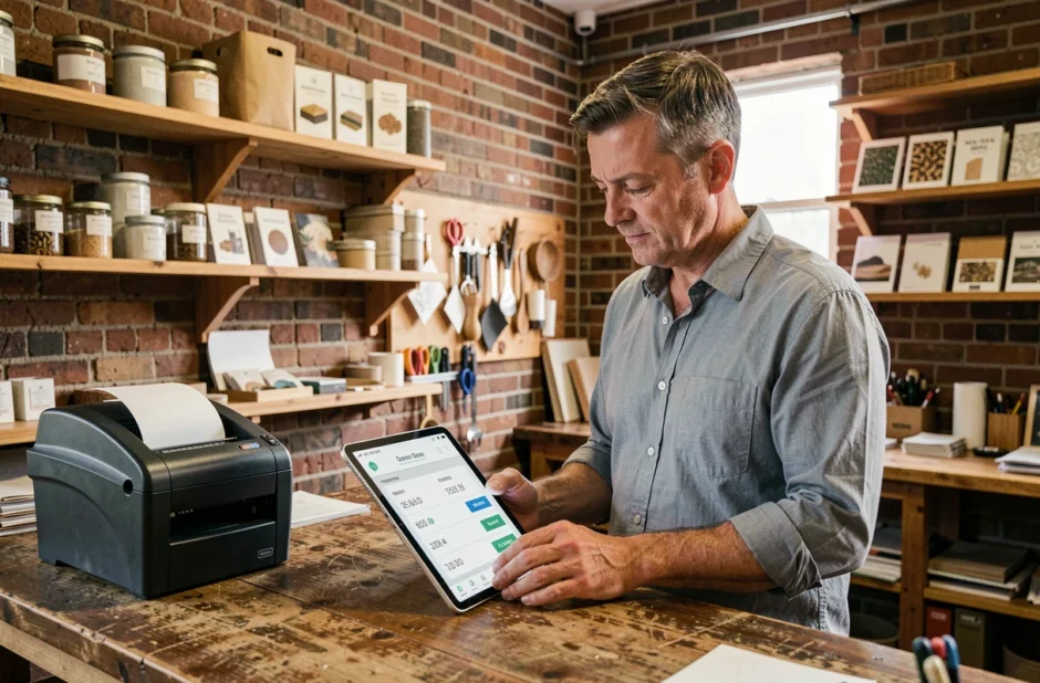 Artisan propriétaire de petite entreprise consultant un devis d'assurance professionnelle sur tablette dans son atelier