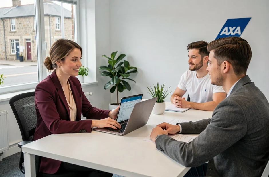 Courtière Axa Assurance Le Youdec Morgane à Lannion consultant un contrat numérique avec un couple de clients