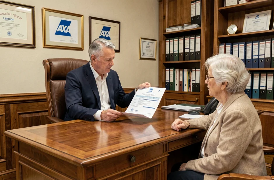 Agent général AXA Bouille Vincent à Lannion présentant une proposition d'assurance à un couple de clients âgés dans son bureau