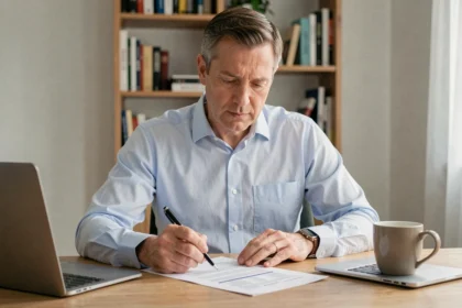 Homme consultant des documents d'assurance emprunteur à son bureau à domicile
