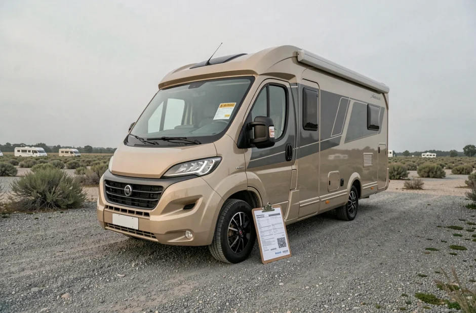 Camping-car stationné dans un camping avec documents d'assurance posés contre la roue avant