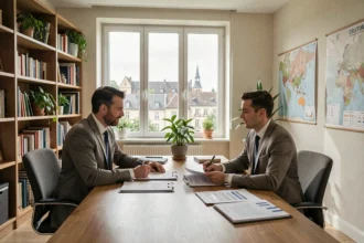 Courtier en assurance et client en réunion dans un bureau moderne en Bourgogne-Franche-Comté